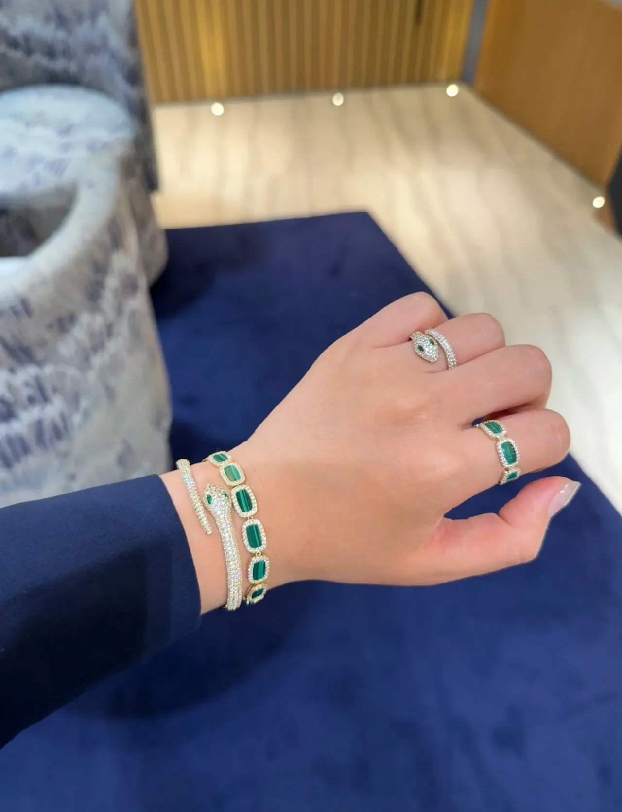 Gold-Tone Dual Emerald Green Stone Pavé Halo Ring 2
