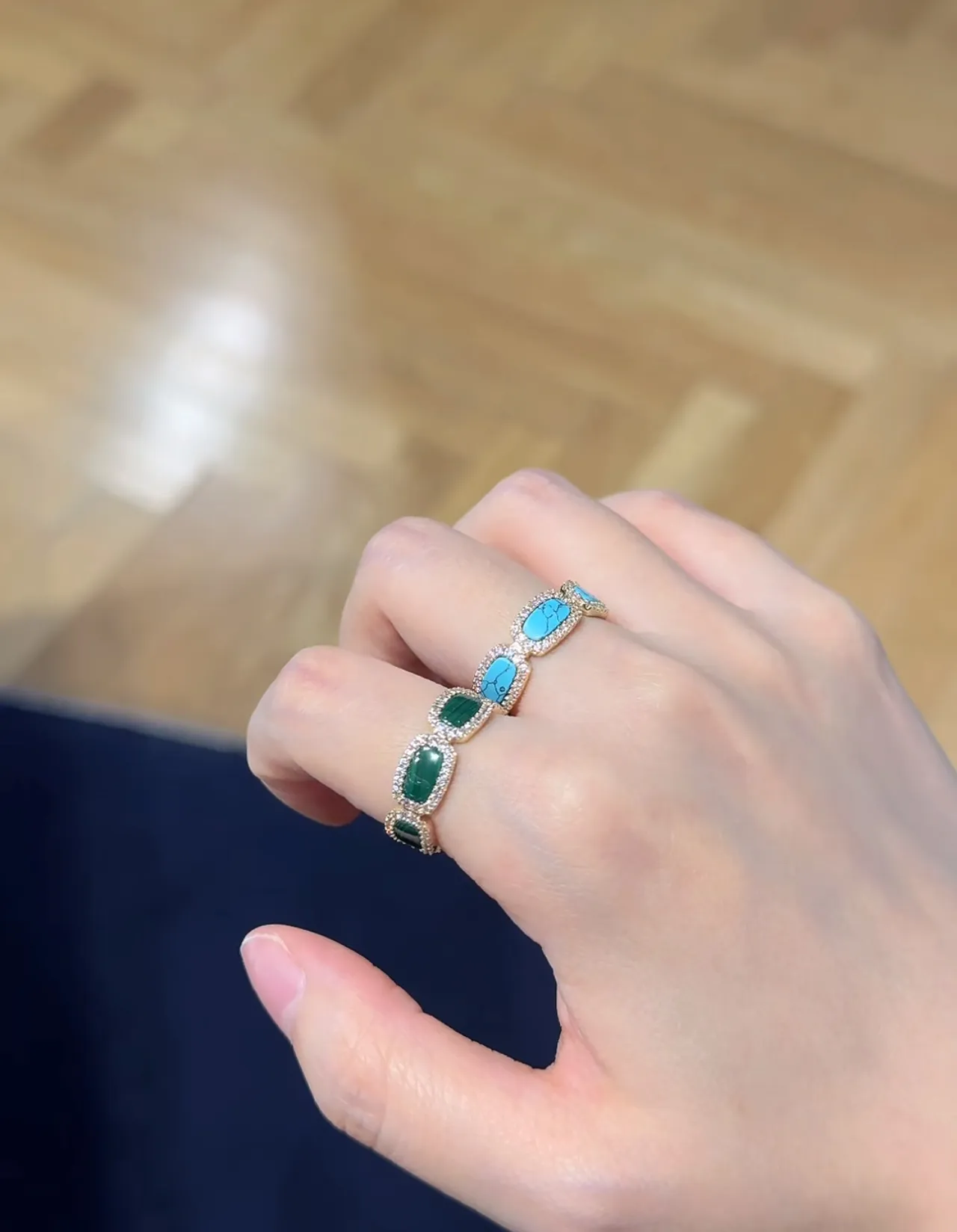 Gold-Tone Dual Emerald Green Stone Pavé Halo Ring 3