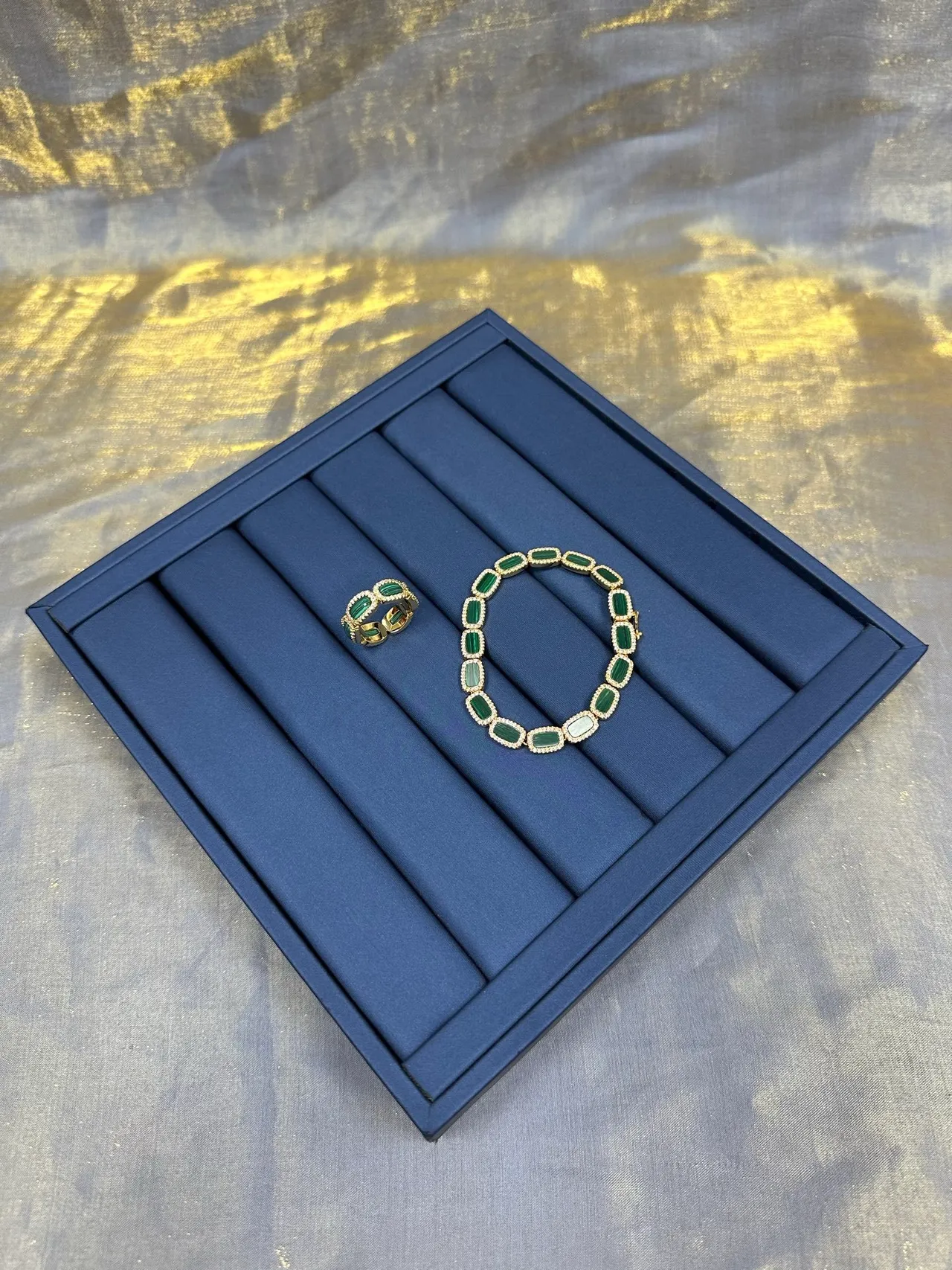 Gold-Tone Dual Emerald Green Stone Pavé Halo Ring 5