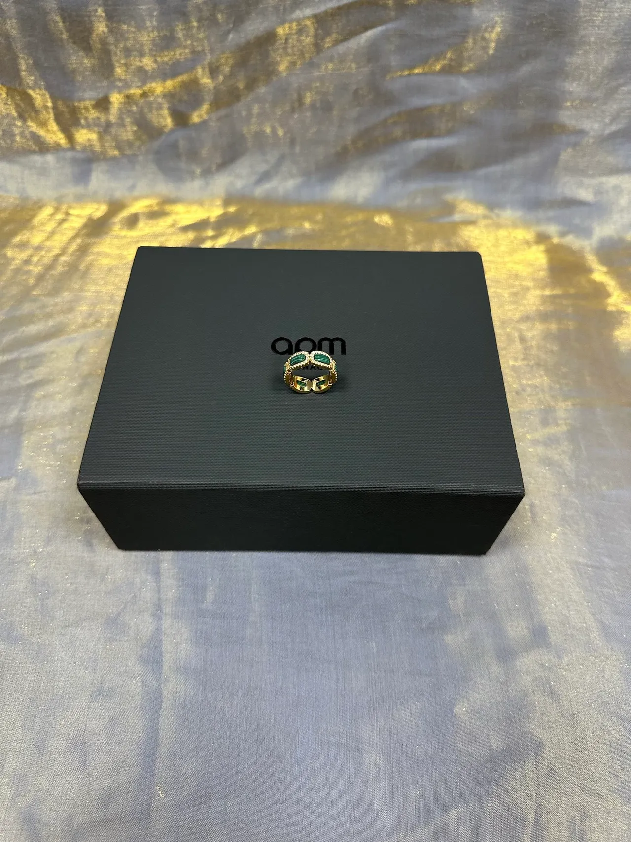 Gold-Tone Dual Emerald Green Stone Pavé Halo Ring 6