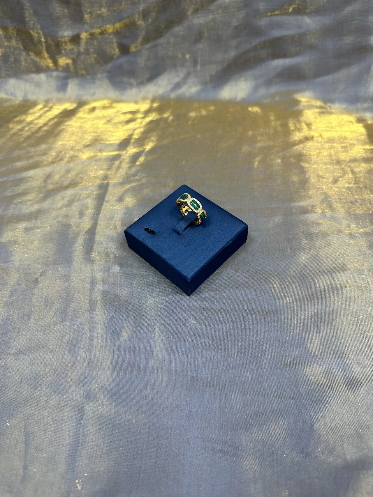 Gold-Tone Dual Emerald Green Stone Pavé Halo Ring 8