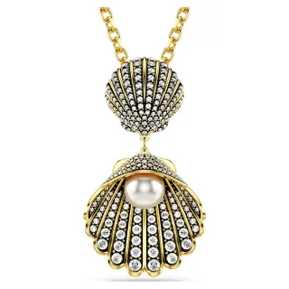 Collar con colgante de cristal y perla pavé con doble caparazón en tono dorado