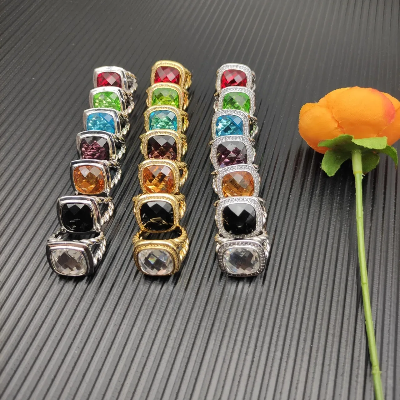 Gold-Tone Faceted Square-Cut Multicolor Stone Rings 3
