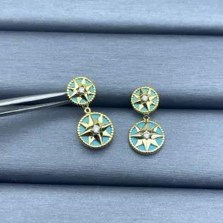 Gold-Tone Light Blue Enamel Double Compass-Star Drop Earrings