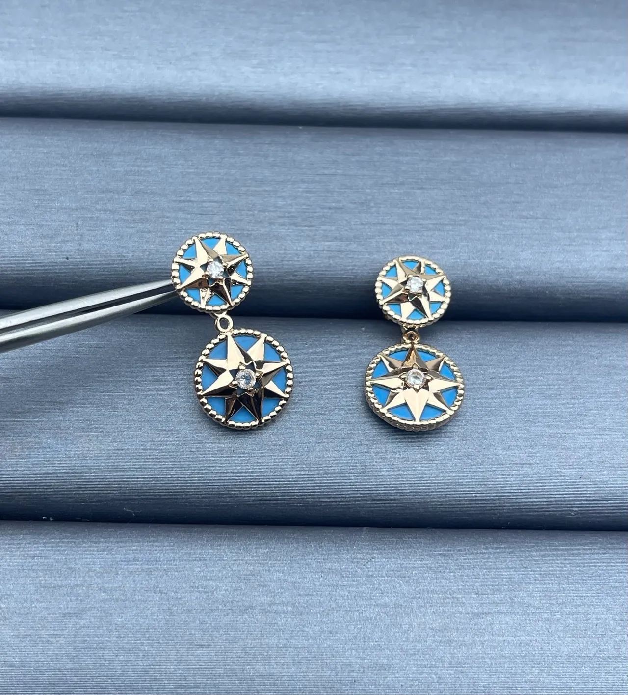 Gold-Tone Light Blue Enamel Double Compass-Star Drop Earrings 2