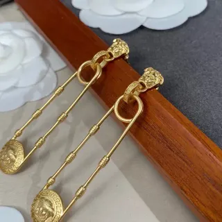 Gold-Tone Lion Head Greek Key Drop Earrings