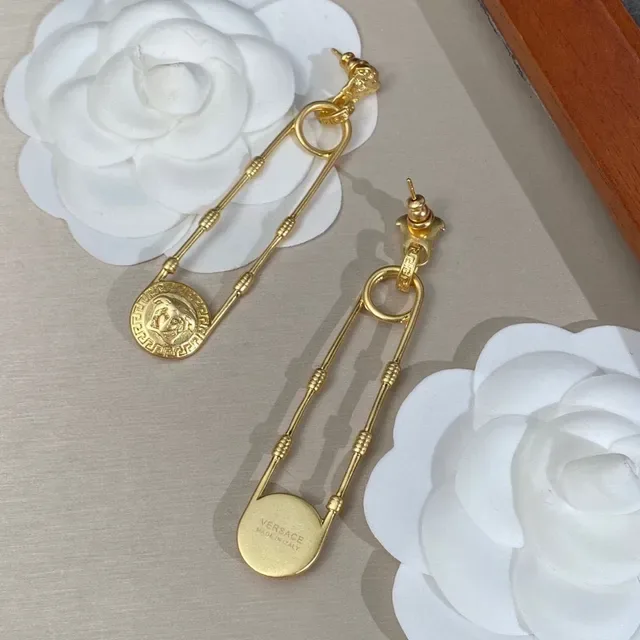 Gold-Tone Lion Head Greek Key Drop Earrings 3