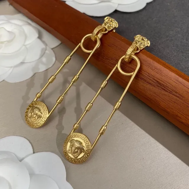 Gold-Tone Lion Head Greek Key Drop Earrings 4