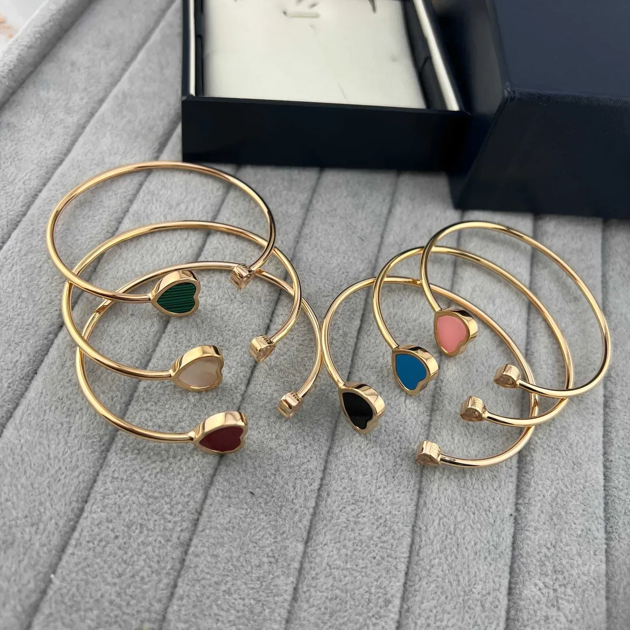 Gold-Tone Open-Cuff Heart Inlay Bracelets 3