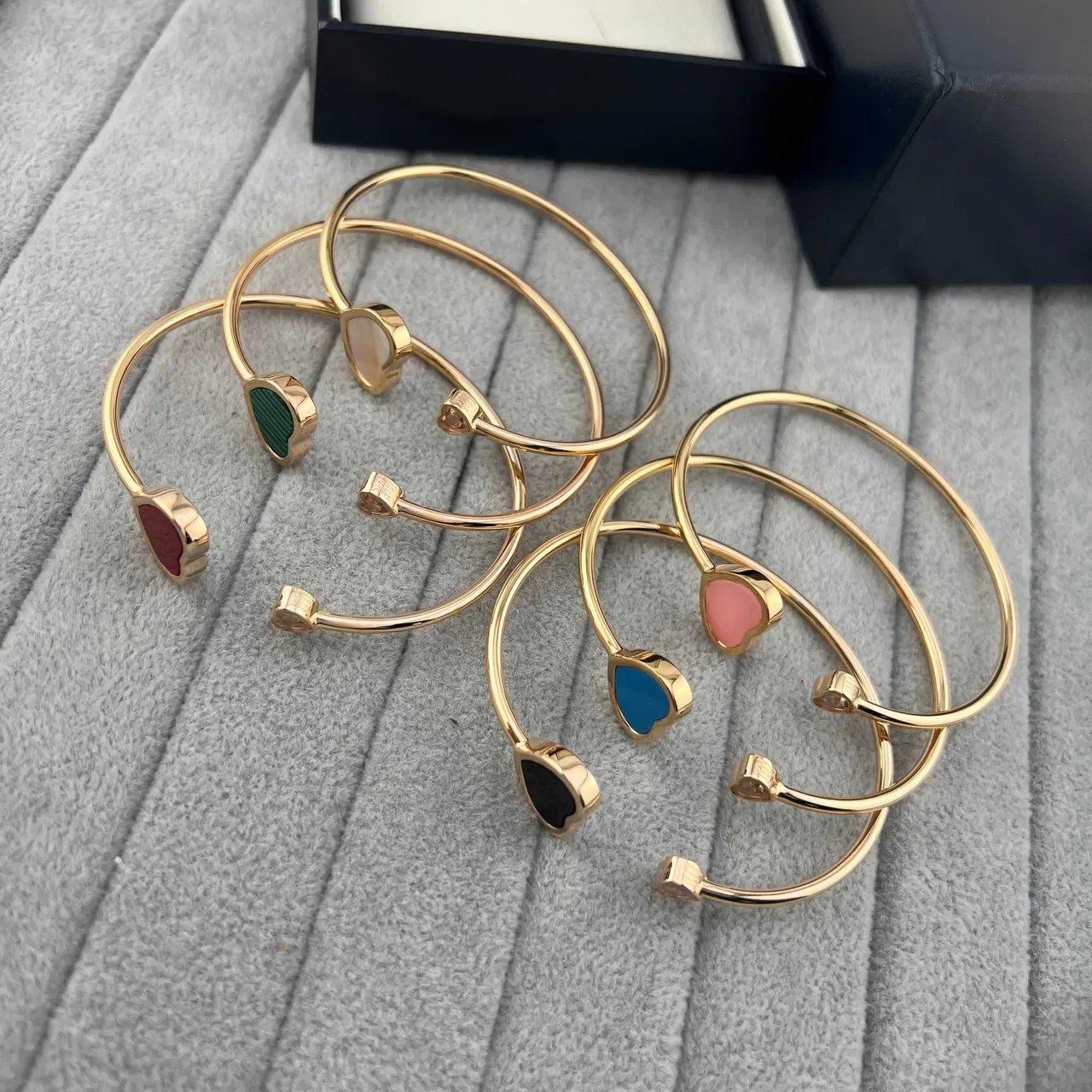 Gold-Tone Open-Cuff Heart Inlay Bracelets 4