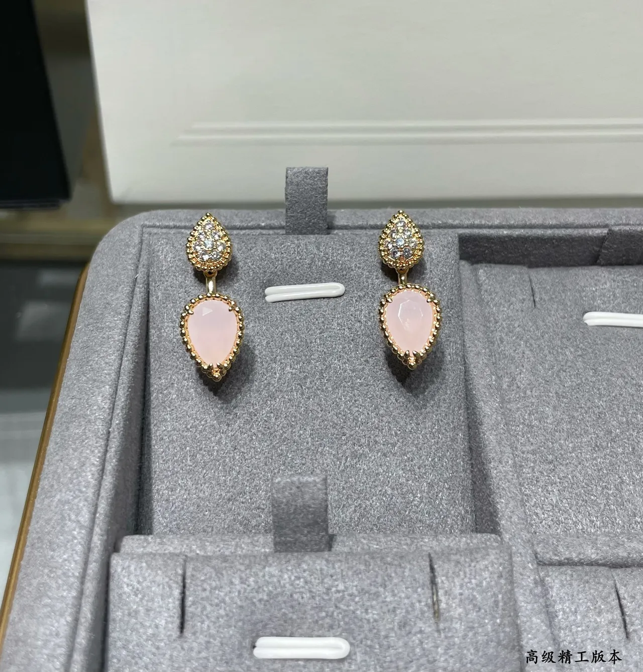 Gold-Tone Pavé Teardrop and Pink Heart Double-Drop Earrings 2