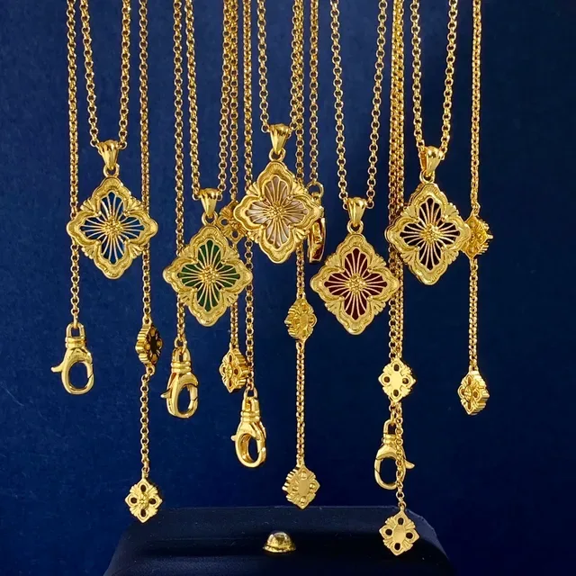 Gold-Tone Quatrefoil Filigree Enamel Inlay Necklaces 8
