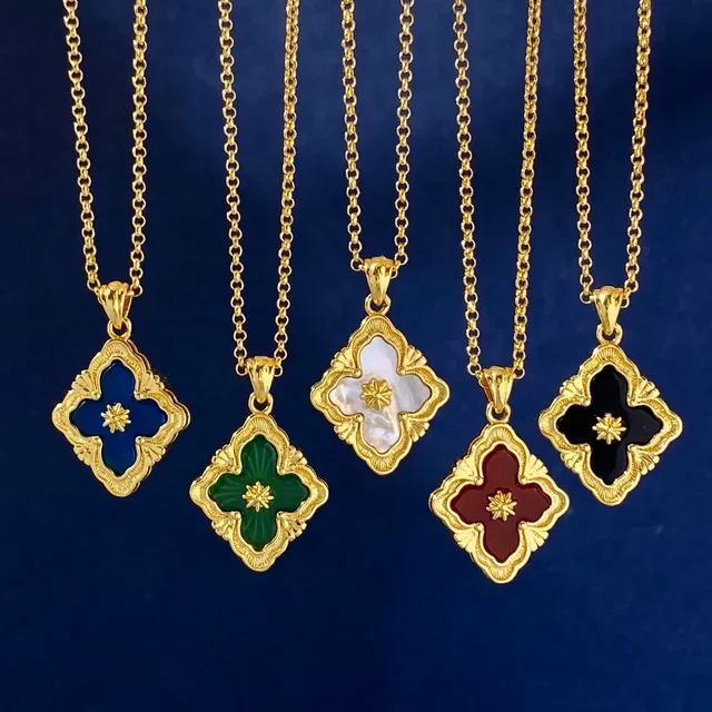 Gold-Tone Quatrefoil Filigree Enamel Inlay Necklaces 9