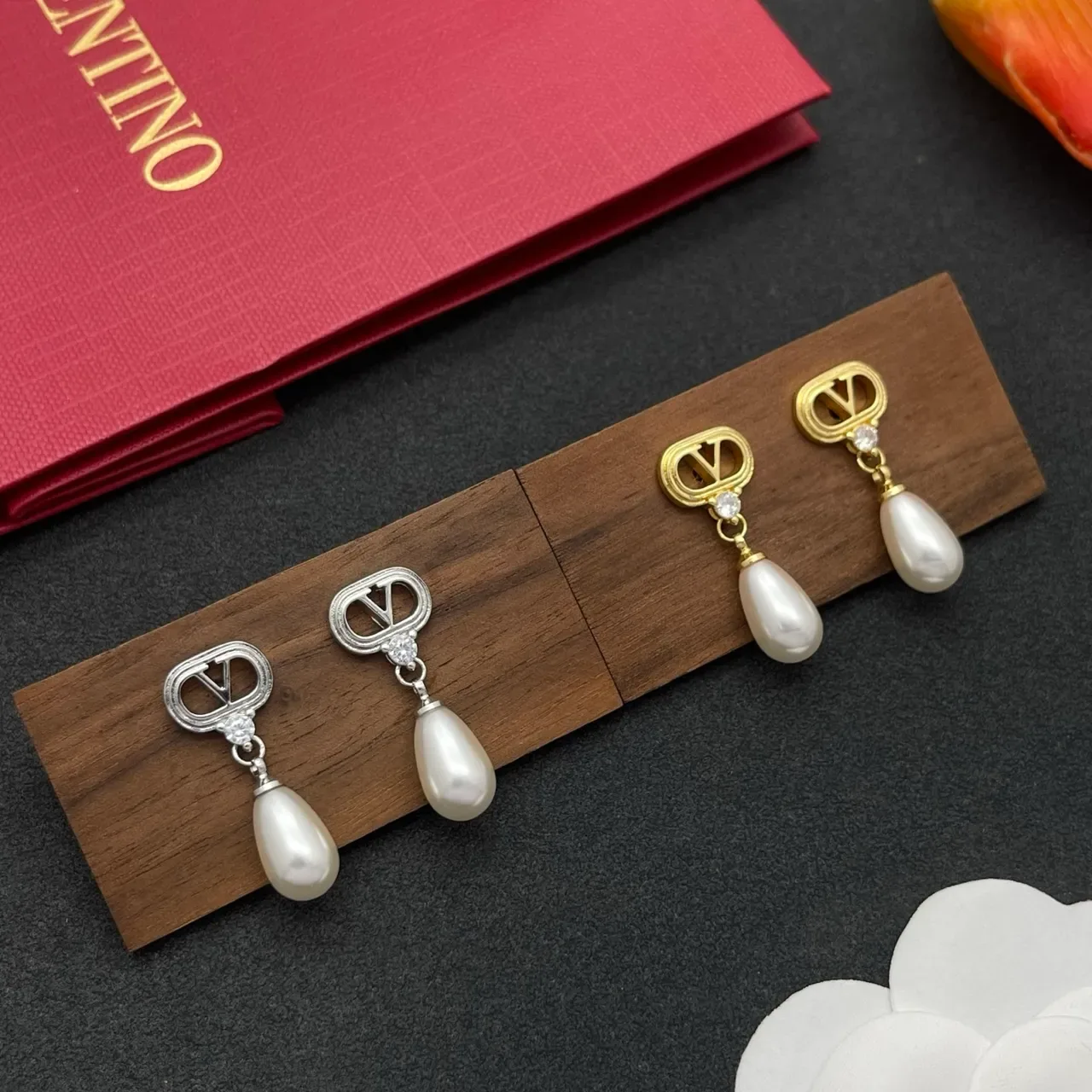 Gold-Tone V-Motif Teardrop Pearl Drop Earrings 2