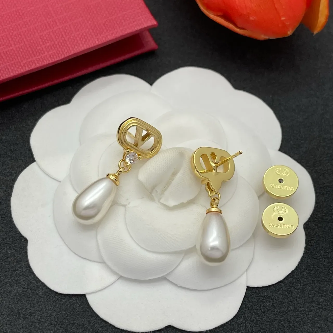 Gold-Tone V-Motif Teardrop Pearl Drop Earrings 5