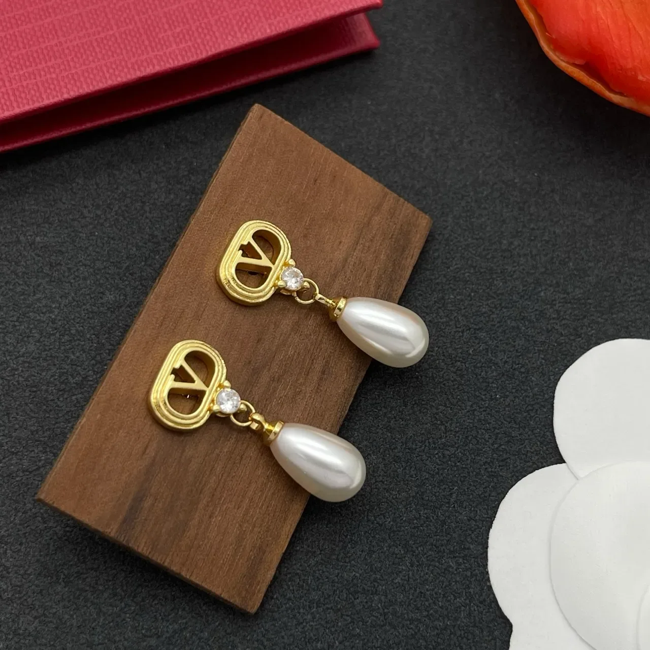 Gold-Tone V-Motif Teardrop Pearl Drop Earrings 6