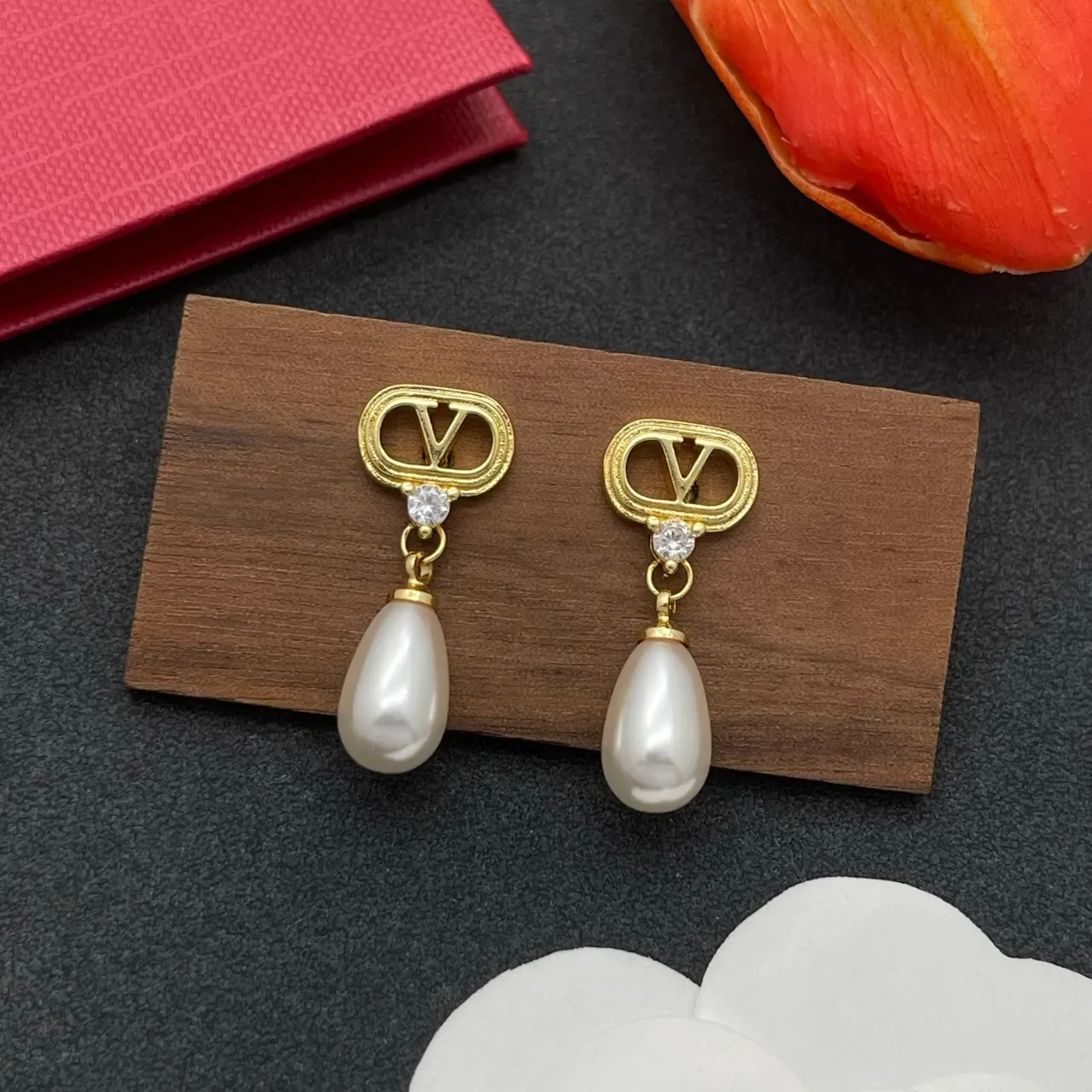 Gold-Tone V-Motif Teardrop Pearl Drop Earrings 7