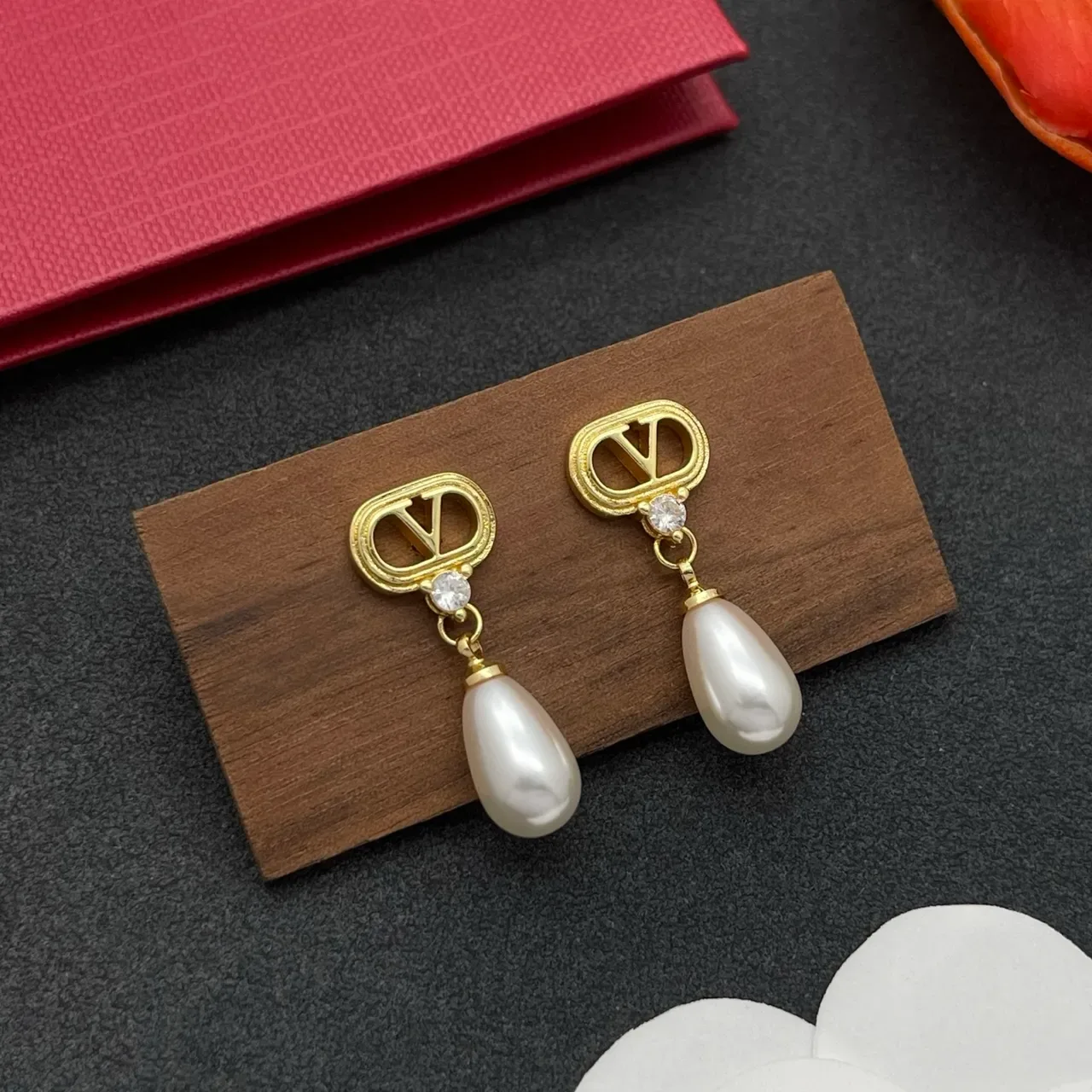 Gold-Tone V-Motif Teardrop Pearl Drop Earrings 8