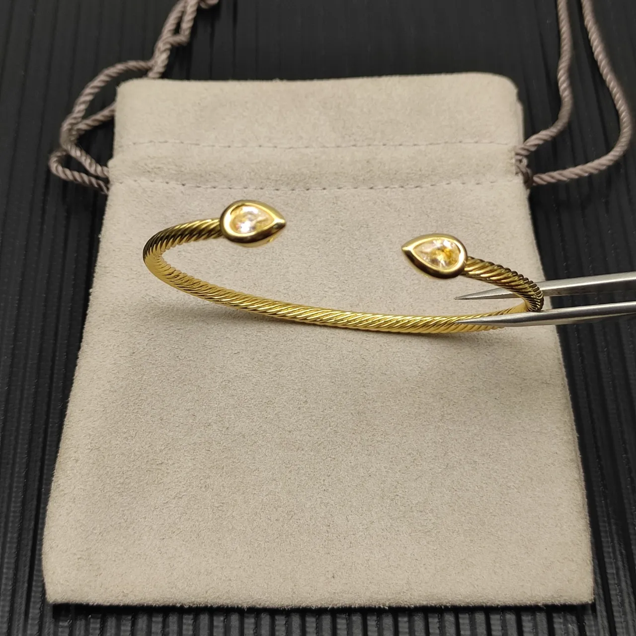 Gold Transparent Twisted Rope Cable Pear-Shaped Bezel-Set Stones Bracelet 13