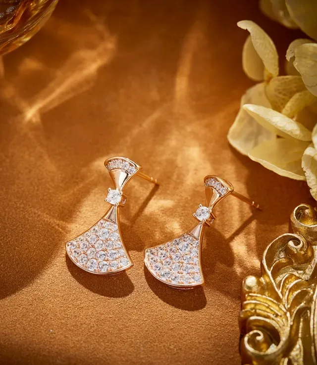 Gold White Fan-Shaped Pavé-Set Earrings 4