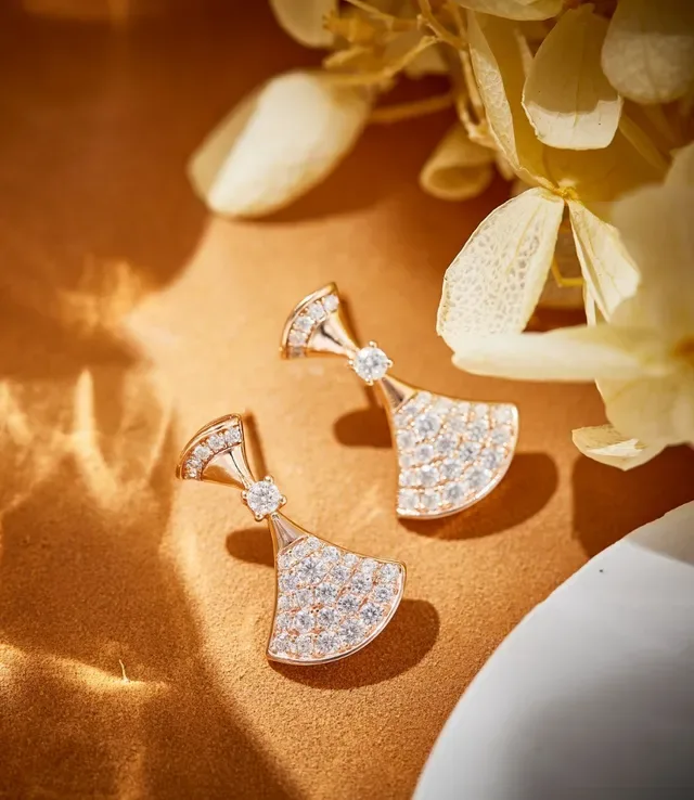Gold White Fan-Shaped Pavé-Set Earrings 7