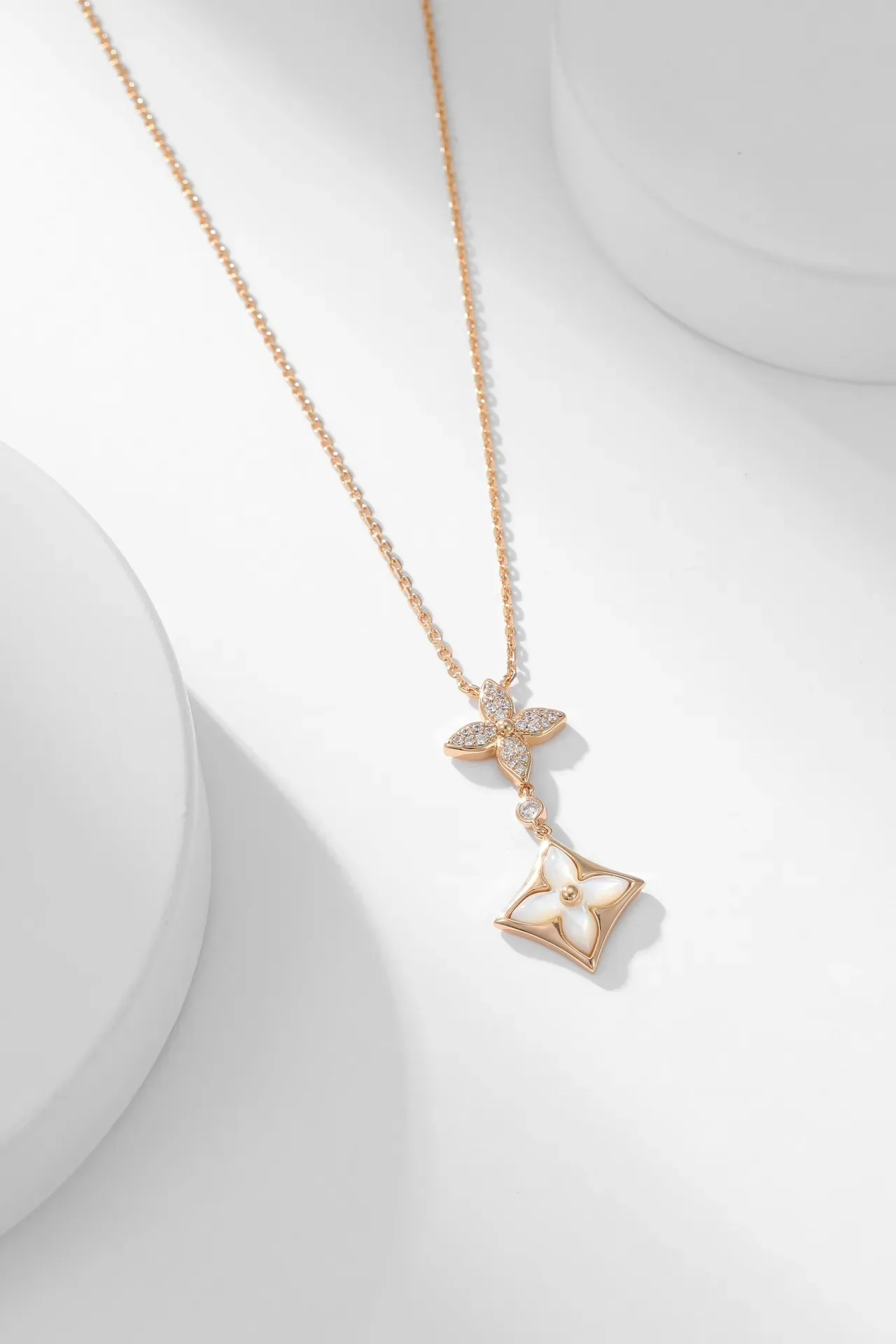 Gold White Rose Chain Dual Floral Pendant Necklace 3