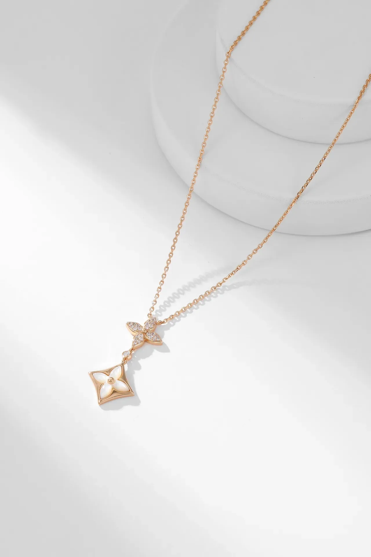 Gold White Rose Chain Dual Floral Pendant Necklace 4