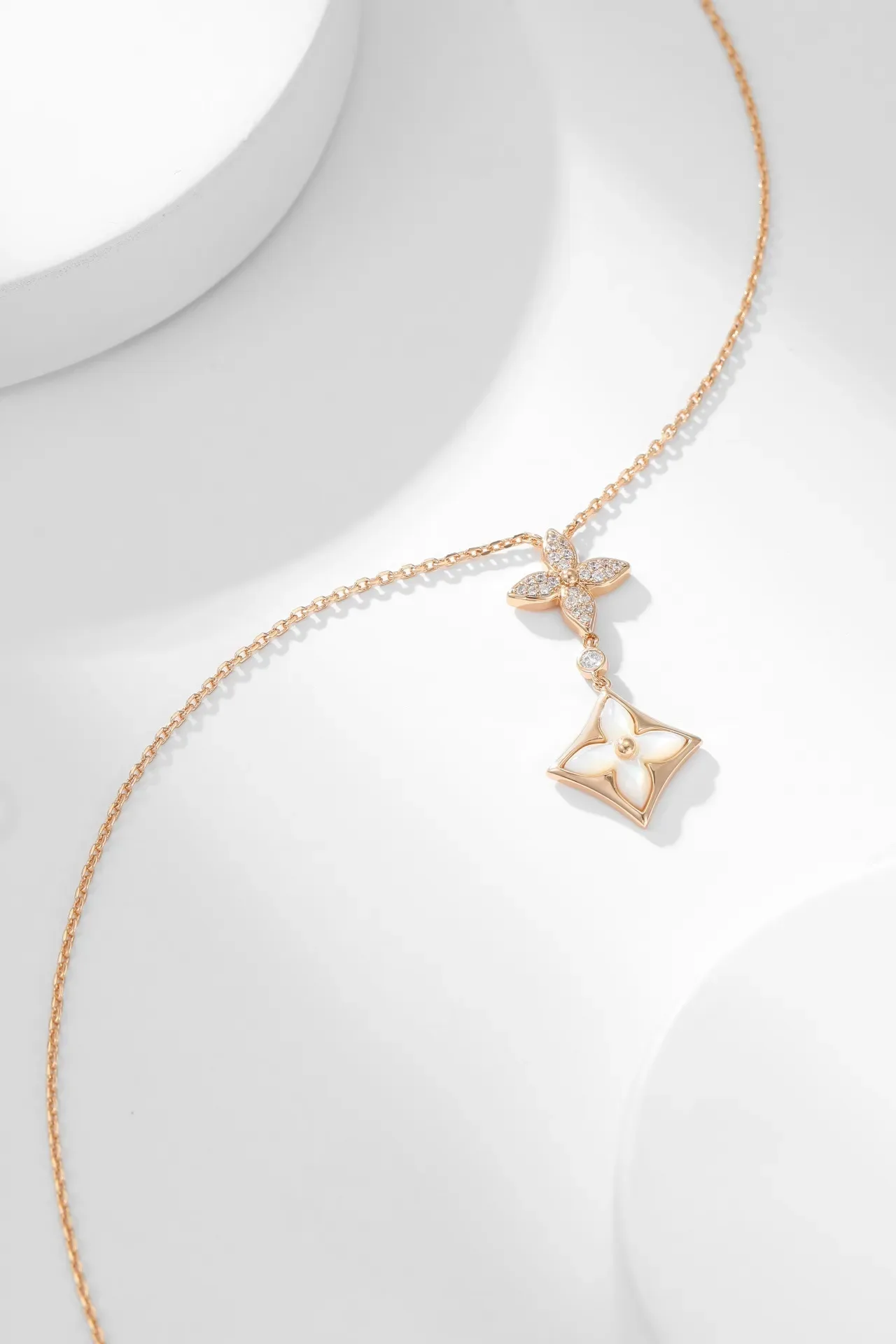 Gold White Rose Chain Dual Floral Pendant Necklace 5