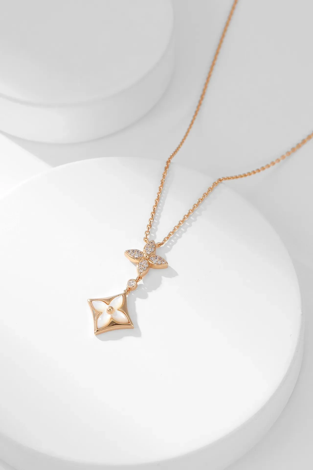 Gold White Rose Chain Dual Floral Pendant Necklace 6