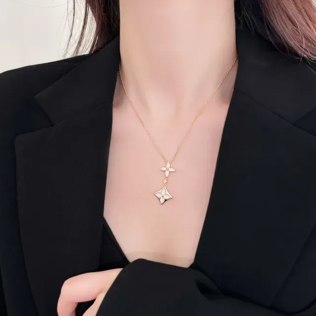 Gold White Rose Chain Dual Floral Pendant Necklace 8