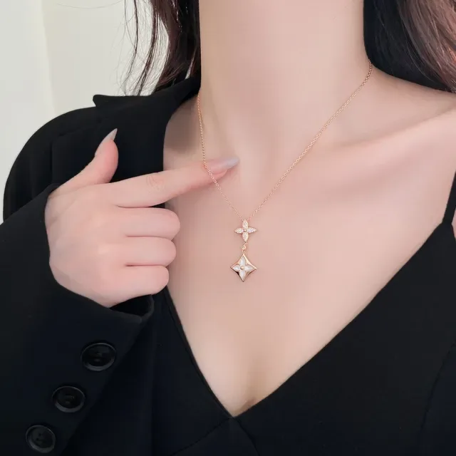 Gold White Rose Chain Dual Floral Pendant Necklace 11