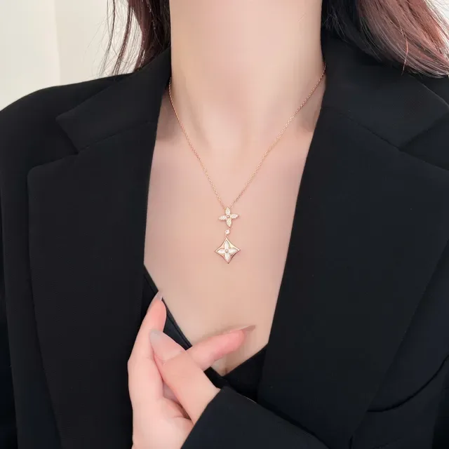 Gold White Rose Chain Dual Floral Pendant Necklace 12