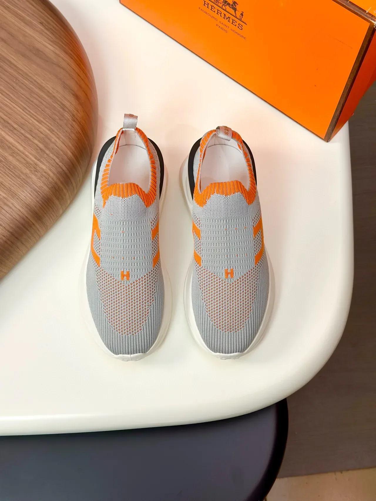 Gray and Orange Knit Slip-On Lifestyle Sneakers 2