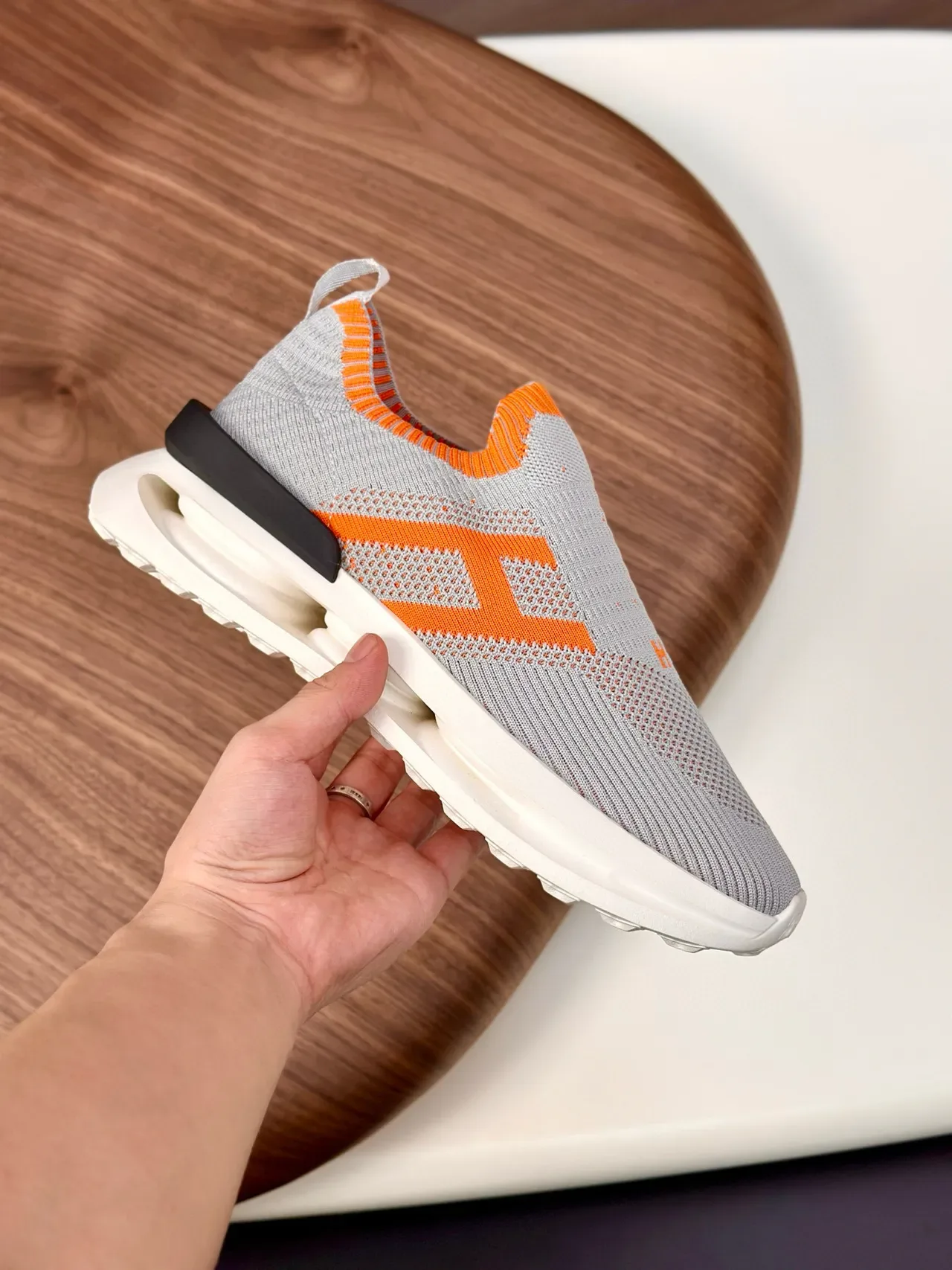 Gray and Orange Knit Slip-On Lifestyle Sneakers 4