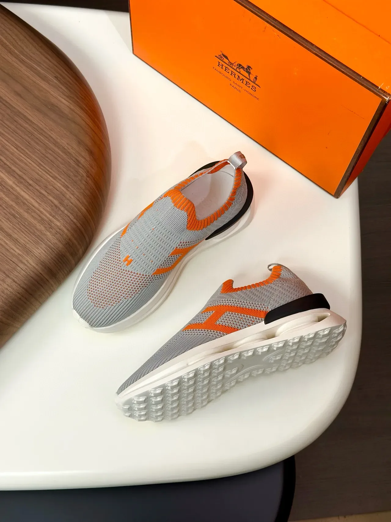 Gray and Orange Knit Slip-On Lifestyle Sneakers 5