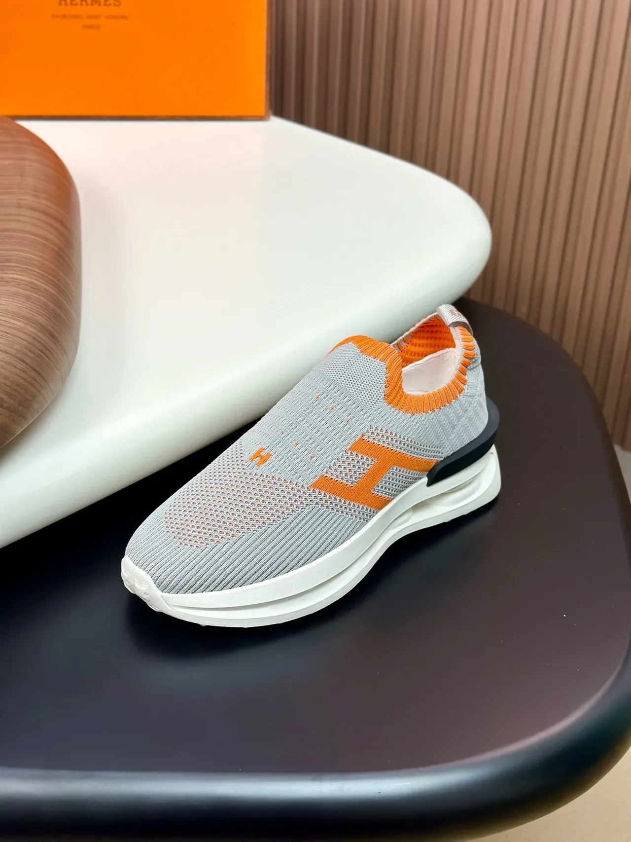 Gray and Orange Knit Slip-On Lifestyle Sneakers 6