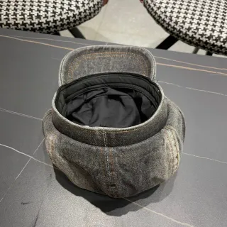 Gray Black Washed Denim Contrast Orange Stitching Beret