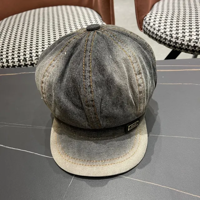 Gray Black Washed Denim Contrast Orange Stitching Beret 4