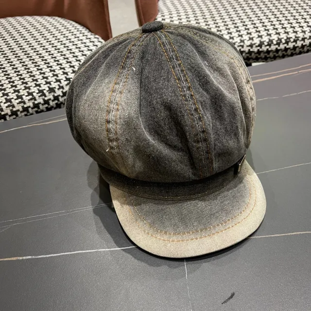 Gray Black Washed Denim Contrast Orange Stitching Beret 5