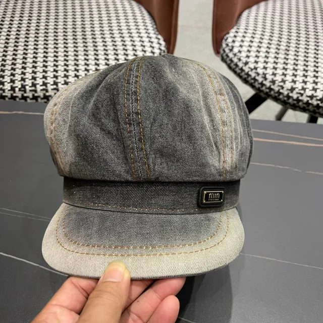 Gray Black Washed Denim Contrast Orange Stitching Beret 7