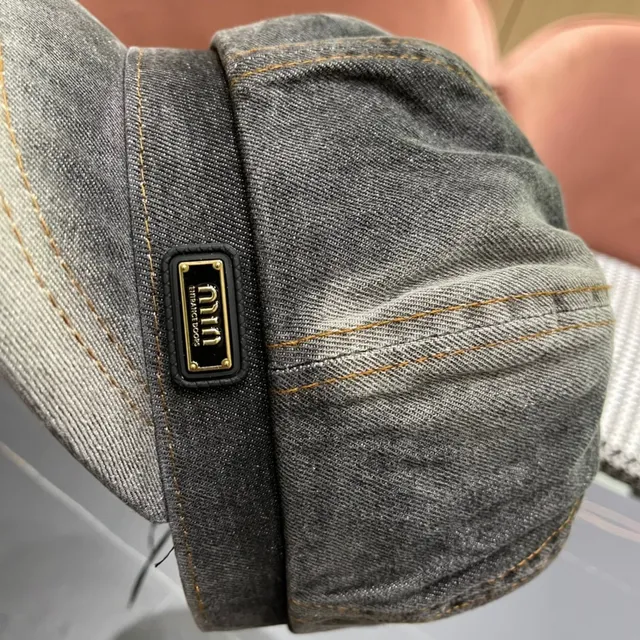Gray Black Washed Denim Contrast Orange Stitching Beret 9