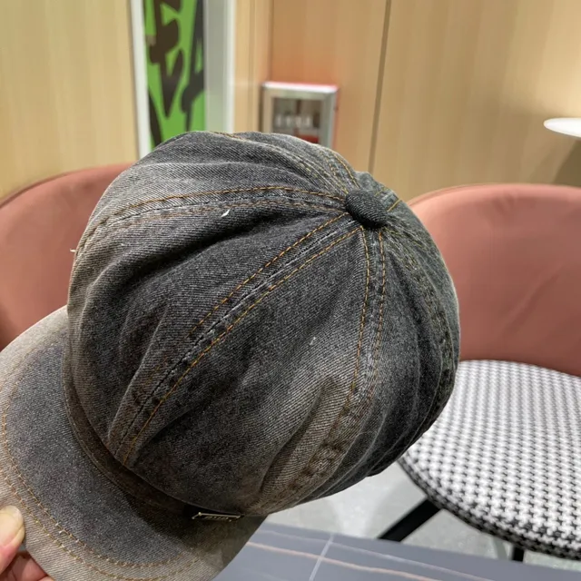 Gray Black Washed Denim Contrast Orange Stitching Beret 11