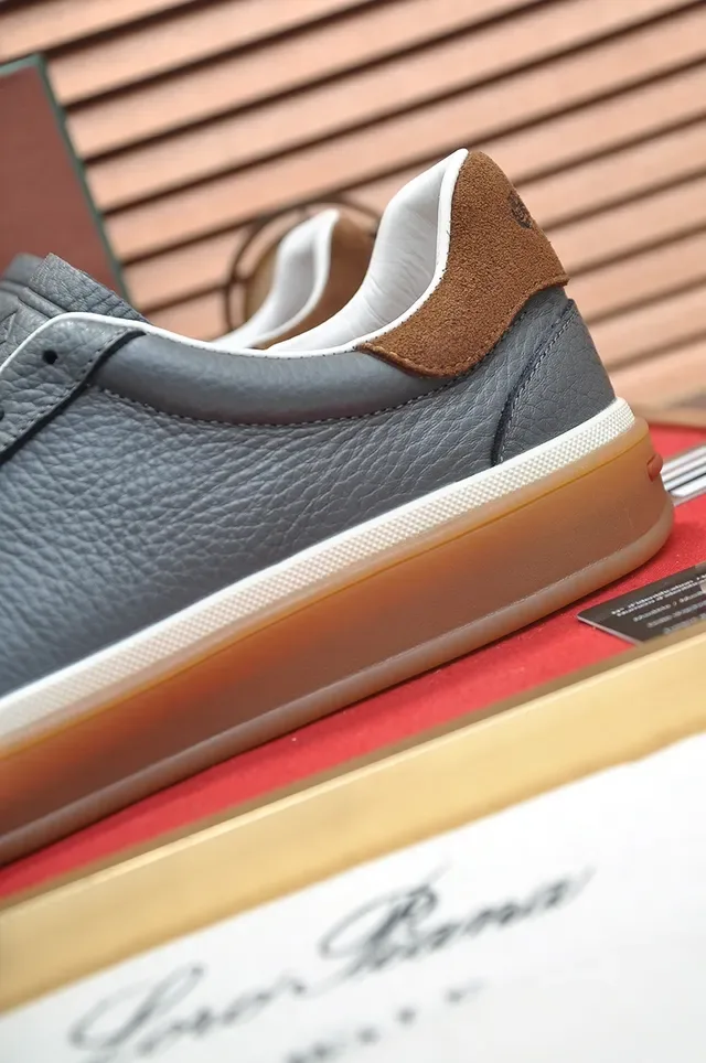 Gray Brown Pebbled Leather Upper Suede Heel Tab Sneakers 2