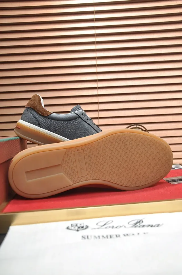 Gray Brown Pebbled Leather Upper Suede Heel Tab Sneakers 3