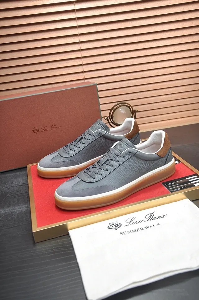 Gray Brown Pebbled Leather Upper Suede Heel Tab Sneakers 4