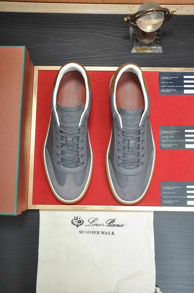 Gray Brown Pebbled Leather Upper Suede Heel Tab Sneakers 5