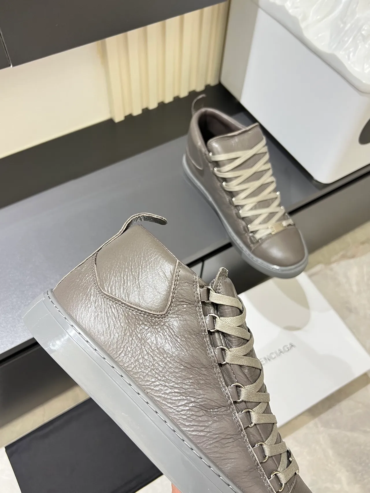 Gray Crinkled Leather High-Top Lace-Up Sneakers 3
