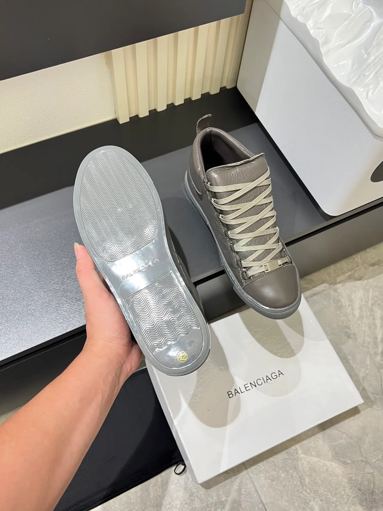 Gray Crinkled Leather High-Top Lace-Up Sneakers 4