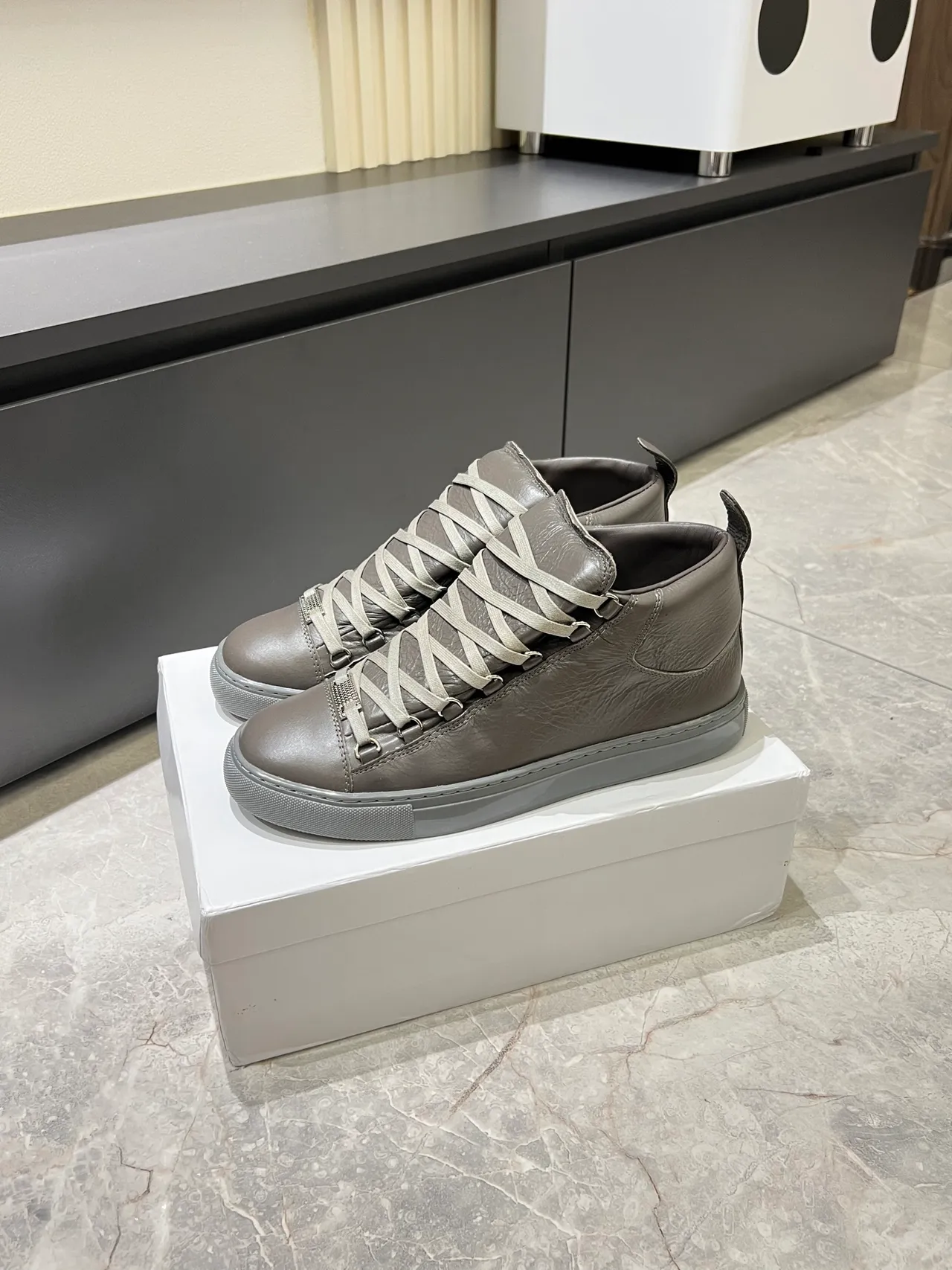 Gray Crinkled Leather High-Top Lace-Up Sneakers 5