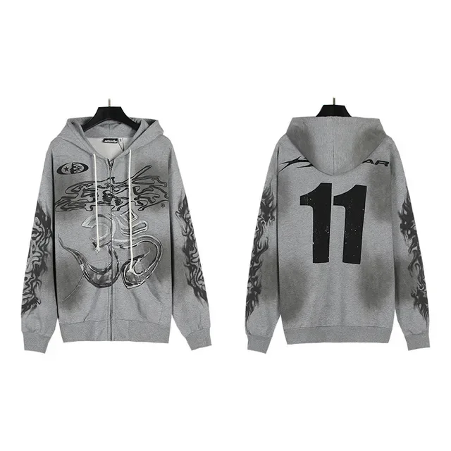 Gray Graphic-Print Full-Zip Oversized Hoodie 2